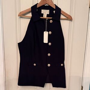 Nicole Miller Navy Blue Sleeveless Button Vest with Gold Accents